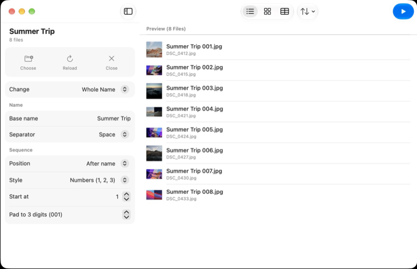 The same rules and live preview on Mac, rules on the left and the renamed-file list on the right.