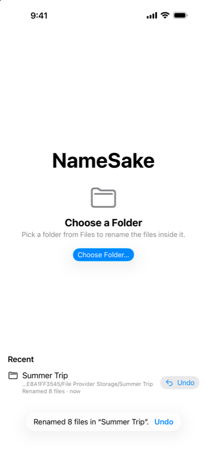 NameSake's start screen after a rename, with an Undo option in the Recent list and in a confirmation toast.